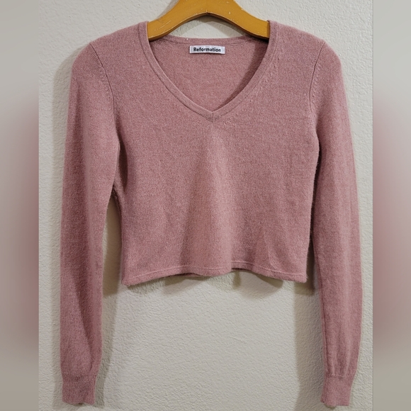 Reformation Cashmere Pink V Neck Cropped Sweater S - Picture 8 of 12